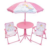FUN HOUSE Unicornio - Conjunto de salón de jardín con Mesa H.46 x Ø46 cm, 2 sillas H.53XL.38,5XP.37,5 cm y 1 sombrilla H.125 x Ø 100 cm para niños