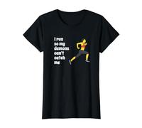Fun I Run So My Demons Can't Catch Me Exercise Humor Design Camiseta gráfica económica, Mujer, Negro, XS
