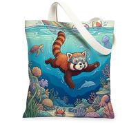 Fun Ocean Red Panda - Bolsa de lona para ir de compras de 13 x 15 pulgadas, bolsa de comestibles reutilizable para mujer, diseño de animales costeros del mar para mujer, pintura estética para