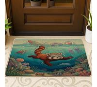 Fun Ocean Red Panda Buceo Negro Felpudo para puerta exterior interior entrada 29 x 17 pulgadas, tapete antideslizante para exteriores, diseño de animales costeros del mar, pequeño, fresco, bajo el