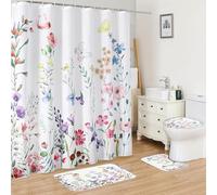 Fun Weekend Juego de 4 Cortinas de Ducha con alfombras Antideslizantes, Cubierta de Tapa de Inodoro y Alfombrilla de baño, Cortinas de Ducha de Tela Floral de 72 x 72 Pulgadas, Cortinas de baño