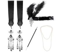 Funabridge Juego de accesorios vintage para mujer, glamour de los años veinte, incluye tocado de solapa, collar de perlas sintéticas, aretes, guantes, soporte para cigarrillos