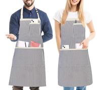 FunChaos 2 Piezas Delantales de Cocina A Rayas para Hombres y Mujeres, Delantal Ajustable con 3 Bolsillos, Chef Delantales para Barbacoa, Horneado, Jardinería, Restaurante, Blanco