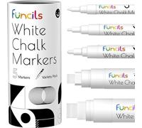 Funcils 5 weiße Kreide-Marker für Kreidetafeln, Tafeln, Autofenster, Bistro, Glas, 5 Stück - dünne, feine Spitze, große und große radierbare Flüssigkreidestifte (1 mm, 3 mm, 6 mm, 10 mm, 15 mm