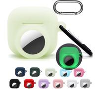 Funda 2 en 1 para Airpods 4th Airtag, funda 2 en 1 para Airpods 4 con soporte para Airtag (2024), soporte de silicona para rastreador GPS, brilla en la oscuridad, rosa brillante y azul brillante