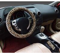 Funda 3 en 1 de Leopardo Suave para Volante de Coche Agarre de Freno de Mano Palanca de Cambios Corta de Felpa cálida para Invierno para Mujer (Beige,estándar)