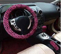 Funda 3 en 1 de Leopardo Suave para Volante de Coche Agarre de Freno de Mano Palanca de Cambios Corta de Felpa cálida para Invierno para Mujer (Rojo,estándar)
