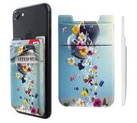 Funda adhesiva para teléfono celular, doble bolsillo, licra, tarjetero, tarjetero, diseño de cartera pequeña para iPhone, iPad, Samsung Galaxy y Android, Flores de taza de té, Doublé, Bolsa