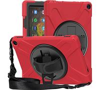 Funda Amazon Fire HD 10 2021 & Amazon Fire HD 10 Plus 2021, Híbrido Tres Capas Funda Carcasa Protector con Correa de Bandolera/Correa de Mano, 360 Rotación Kickstand para Amazon Fire HD 10 2021 (Rojo)