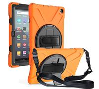 Funda Amazon Fire HD 8 2020 / Amazon Fire HD 8 Plus 2020, Híbrido Tres Capas Funda Carcasa Protector con Correa de Bandolera/Correa de Mano, 360 Rotación Kickstand para Amazon Fire HD 8 2020 (Naranja)
