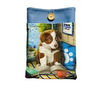Funda Artesanal Grande para Libros y Tablets de Cachorrito Lector + marcapáginas Regalo, algodón ecológico, Acolchada, con Bolsillo Frontal y botón. Regalo Ideal para Adolescentes