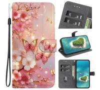 Funda Billetera para OPPO Realme C75, Carcasa Cartera Flip Magnética de Cuero PU Antigolpes, con Tarjetero y Función de Soporte, Mariposas y Flores de melocotonero Cover para OPPO Realme C75