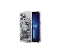 Funda blanca para iPhone 15 Pro con diseño de Hello Kitty y Kitty sobre ladrillos.
