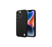 Funda BMW BMHCP14LSLLBK para iPhone 14 Pro de 6,1" en cuero negro con estampado.