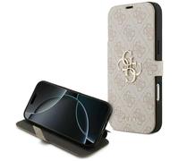 Funda Bookcase Para iPhone 17 Pro Max Guess Rosa Con Logo Dorado Plegable