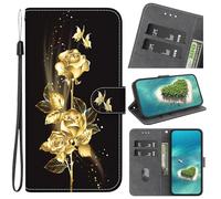 Funda Carcasa Tipo Libro para Nokia C2 2nd Edition,y Tarjetero Billetera, Capa para Nokia C2 2nd Edition, Flip Case Wallet, Telefono Cubrir Móvil, Phone Cover, Piel Protector,Flores de rosa doradas