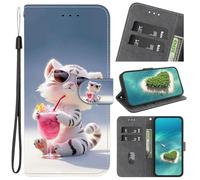 Funda Carcasa Tipo Libro para OPPO A5X/A5i,con Tapa, y Tarjetero Billetera, Capa para OPPO A5X/A5i, Flip Case Wallet, Telefono Cubrir Móvil, Phone Cover, Piel Protector,Tigre Bebiendo refresco