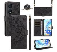 Funda Cartera para Honor X7B 4G/Honor X7B 5G/Honor 90 Smart, Funda Libro de Cuero con Tarjetero, Cremallera, Correa Bandolera, Magnético, Soporte, Carcasa Antigolpes Elegante para Mujer,Negro
