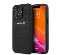 AMG Funda de Piel auténtica con líneas curvadas Perforadas de Cuero Negro con Logotipo para iPhone 13 Pro MAX (6.7 Pulgadas), Color Negro