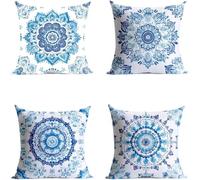 Funda Cojin 35 x 35 cm Impermeable Exterior Sofa Almohada Covers Azul y White Cuadrado Fundas de Cojines Raya Impresión a Doble Cara Juego de 4 para Terraza Exterior Banco Sofa Decoracion GFBZ-9336