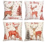 Funda Cojin 35x35 cm,Juego de 4 Fundas de Cojines Navidad Lino Cuadradas Cojines Exterior Impermeable con Cremallera Invisible,Patio al Aire Libre,Jardín Sofa Decoración Cojin Ciervo sika M1141