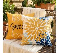 Funda Cojin 40x40, Amarillo Mostaza, Flores de Dalia Azul, Funda de Almohada Otoñal, Cojines Decorativos Cuadradas para Cama, Sofá, Sala de Estar, Dormitorio, Decoración de Exterior, Juego de 2