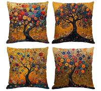 Funda Cojin 40x40 cm,Juego de 4 Fundas de Cojines Amarillo Lino Cuadradas Cojines Exterior Impermeable con Cremallera Invisible,Patio al Aire Libre,Jardín Sofa Decoración Cojin Árbol de la Vida M11