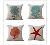 Funda Cojin 45 x 45 Coral Azul Estrella De Mar Fundas Cojines 45x45 Algodón Lino Cojines Sofa Transpirabilidad Fuerte Fundas Cojines Sofa con Cremallera Oculta para Sofá Dormitorio Sala de Estar 4 Pcs