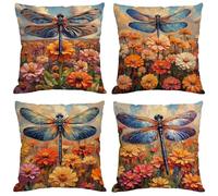 Funda Cojin 45x45 cm, Juego de 4 Fundas de Cojines Libélula Lino Cuadradas Cojines Exterior Impermeable con Cremallera Invisible, Patio al Aire Libre, Jardín Sofa, Terraza Decoración Cojin Flor M75