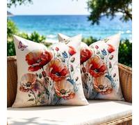 Funda Cojin 50x50 Exterior Impermeable con Recubrimiento- Pack de 2 Cushion Covers Flores Naranja-Rojo en Acuarela Lavable Decorativos Lavable - para Cojín de Terraza, Jardín, Salón Sofá Silla