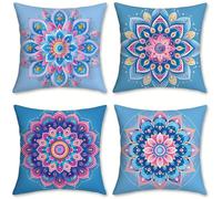 Funda Cojin 50x50 Juego de 4 Cojines Sofa Azul Cojines Exterior, Cojin Impermeable Lino Fundas de Almohada, Cuadrado Funda Almohada 4 Pack, Decoración Jardin Exterior, 50x50cm, Mandala, o-593