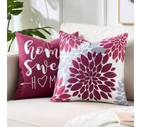 Funda Cojin 50x50 Rojo y Gris Diseño Dalia Flores Estilo Rústico, 2 Piezas Fundas Cojines Felpa Corta Suave Lavable, Bohemio Decorativos Cushion Covers Cuadrado para Salón Sofá Cama Cojin Decoración