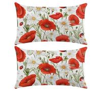 Funda Cojin 50x70 cm Juego de 2 Fundas Cojines Blanco Poliéster Lino Funda Almohada Decorativo Fundas de Cojín Amapola Roja con Cremallera Invisible para Sofá Dormitorio Sala de Estar Jardin -XY283