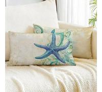 Funda Cojin 50x70 Juego de 2, Turquesa Funda Almohada Estrella De Mar Lino Fundas Cojines Decorativos para Sofá Salón Hogar Decoración Rectangular Fundas de Almohada con Cremallera Invisible m00-547