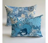 Funda Cojin 50x80cm Azul Fundas Cojines Retro Cojines para Sofa Decoración Lino Almohada Juego 2 Piezas，Cremallera Oculta，Verano Decorativa Doble Estampado，Hogar Sofá Silla Cama Sala Estar LK-1705