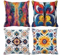 Funda Cojin 55x55 Flor Fundas Cojines Exterior Lino Cushion Covers con Cremallera Oculta para Sala de Estar Sofa Dormitorio Exterior Jardín Decoración Regalo (Arte abstracto) Patrón Juego de 4 w11-P
