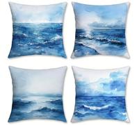 Funda Cojin 55x55 Juego de 4 Cojines Sofa Azul Cojines Exterior, Cojin Impermeable Terciopelo Fundas de Almohada, Cuadrado Funda Almohada 4 Pack, Decoración Jardin Exterior, 55x55cm, Olas, o-572