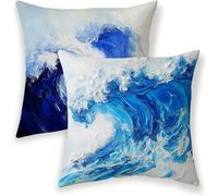 Funda Cojin 80x80 cm Blue Exterior Impermeable Fundas de Almohada de Terciopelo Almohadas Decorativas Sala, Waves Pack de 2, con Cremallera Oculta Cojines Decorativos para Sofá Terraza, Jardín lj-478