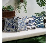 Funda Cojín Exterior Impermeable Terciopelo Azul 50×50 cm Set de 4, Fundas Resistentes Decorativas Transpirables Agua Cremallera Oculta, Cojines Decorativos para Jardín, Decoración Exterior,Ola C0K691