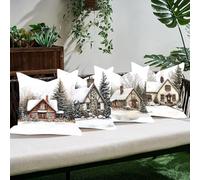 Funda Cojín Exterior Impermeable Terciopelo Cabaña 45×45 cm Set de 4,Fundas Resistentes Decorativas Transpirables Agua Cremallera Oculta,Cojines Decorativos Jardín,Decoración Exterior,Árboles C0K535