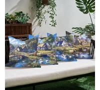 Funda Cojín Exterior Impermeable Terciopelo Puente Pequeño 45×45 cm Set de 4, Fundas Resistentes Decorativas Transpirables Agua Cremallera Oculta, Decorativos, Decoración Exterior,Cabaña C0K-501