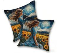 Funda Cojines 2 Piezas 35x35cm Juego Fundas Cojín Suave Lino Cremallera Oculta, Almohada Decorativa Exterior Moderna para Sofá, Cama, Sala Estar, Dormitorio, Hogar, Oficina, NiñA Girasol, E-885