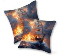 Funda Cojines 2 Piezas 35x35cm Juego Fundas Cojín Suave Lino Cremallera Oculta, Almohada Decorativa Exterior Moderna Sofá, Cama, Sala Estar, Dormitorio, Hogar, Oficina, Barco De Guerra Mar, E-1001