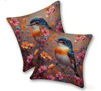 Funda Cojines 2 Piezas 35x35cm Juego Fundas Cojín Suave Terciopelo Cremallera Oculta, Almohada Decorativa Exterior Sofá, Cama, Sala Estar, Dormitorio, Hogar, Oficina, Flores Y PáJaros Rosas, E-197