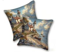 Funda Cojines 2 Piezas 35x35cm Juego Fundas Cojín Suave Terciopelo Cremallera Oculta, Almohada Decorativa Exterior Moderna para Sofá, Cama, Sala Estar, Dormitorio, Hogar, Oficina, Barco Faro, E-163