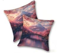 Funda Cojines 2 Piezas 40x40cm Juego Fundas Cojín Suave Lino Cremallera Oculta, Almohada Decorativa Exterior Sofá, Cama, Sala Estar, Dormitorio, Hogar, Oficina, Flores De Cerezo del Monte Fuji, E-219