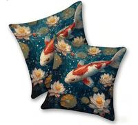 Funda Cojines 2 Piezas 40x40cm Juego Fundas Cojín Suave Lino Cremallera Oculta, Almohada Decorativa Exterior Moderna para Sofá, Cama, Sala Estar, Dormitorio, Hogar, Oficina, Koi Lotus, E-269