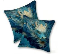 Funda Cojines 2 Piezas 40x40cm Juego Fundas Cojín Suave Lino Cremallera Oculta, Almohada Decorativa Exterior Moderna para Sofá, Cama, Sala Estar, Dormitorio, Hogar, Oficina, Azul DragóN, E-514