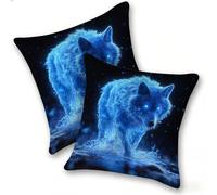 Funda Cojines 2 Piezas 40x40cm Juego Fundas Cojín Suave Lino Cremallera Oculta, Almohada Decorativa Exterior Moderna para Sofá, Cama, Sala Estar, Dormitorio, Hogar, Oficina, Lobo Azul, E-478