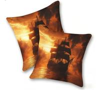 Funda Cojines 2 Piezas 45x45cm Juego Fundas Cojín Suave Lino Cremallera Oculta, Almohada Decorativa Exterior Sofá, Cama, Sala Estar, Dormitorio, Oficina, El Atardecer del Barco De Guerra, E-1002